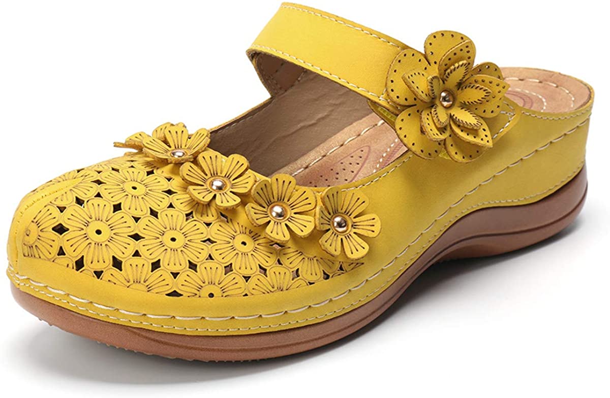 Price:$32.98   | gracosy Clogs Shoes for Women, Summer Slipper Leather Comfort Mules Outdoor Beach Shoes Vintage Antil Slip Flat Slip on Wide Fit Flowers Sandals | Mules & Clogs