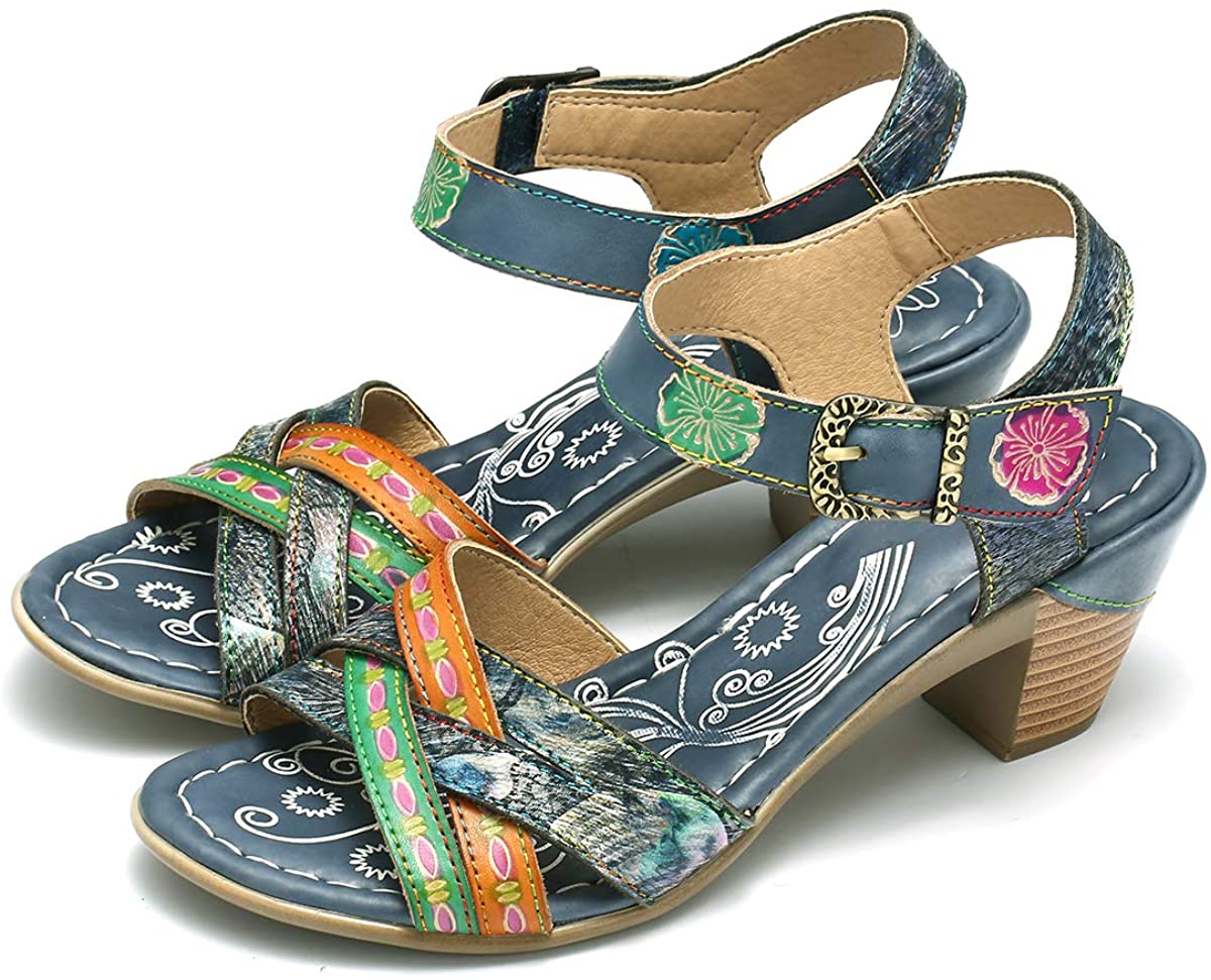 Price:$39.98   | Camfosy Block Heel Sandals for Women, Summer Leather Sandals Vintage Handmade Flower Open Toe Ankle Strap Mid Heel Pumps Shoes | Heeled Sandals