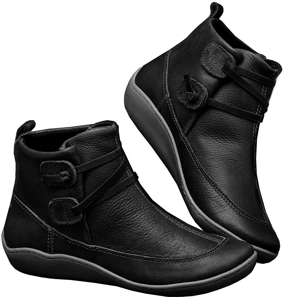 Price:$16.99   | Acrossage Women Arch Support Boots Comfortable Ankle Wedge Short Booties Fashion Leather Waterproof Slip On Boots | Ankle & Bootie