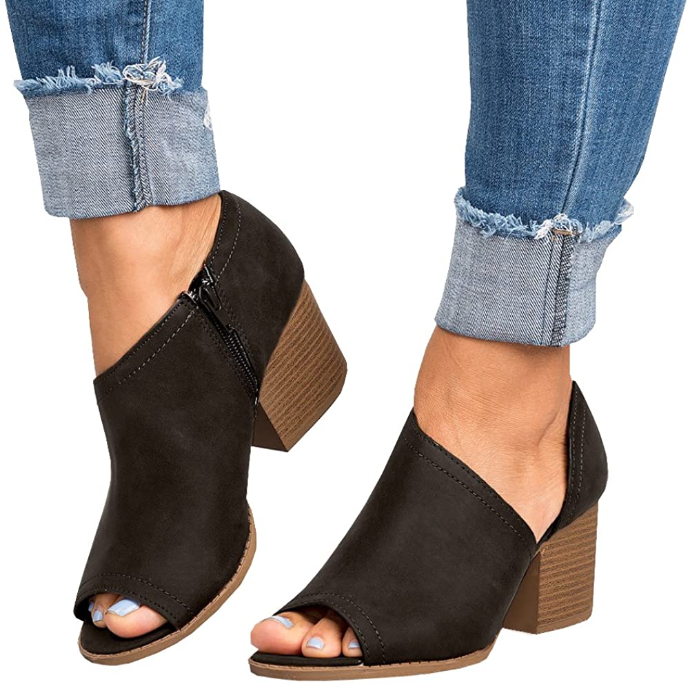 Price:$23.99   | Women Low Heel Ankle Booties Slip On Vegan Suede Leather Cut Out Chunky Block Stacked Peep Toe Ankle Boots Shoes | Ankle & Bootie