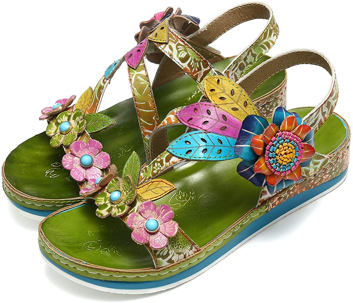 Price:$38.99   | Camfosy Leather Sandals for Women, Womens Summer Flat Sandals Open Toe Walking Shoes Platform Wedges Wide Width Beach Dressy Sandals Ankle Strap Summer Shoes Handmade Sandals Red Blue | Sandals