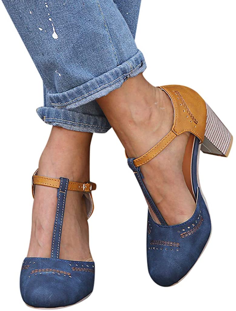 Price:$15.99    Womens Vintage T Strap Sandals Chunky High Heels Two-Tone Round Toe Lattice Pumps Shoes  Clothing