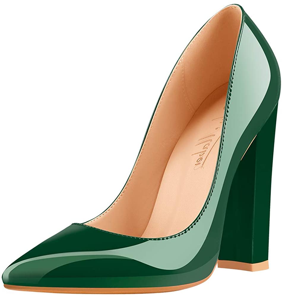 Price:$39.99   | Onlymaker Women's Pointed Toe Block Chunky Classic High Heels Slip On Shoes Wedding Office Party Pumps | Pumps