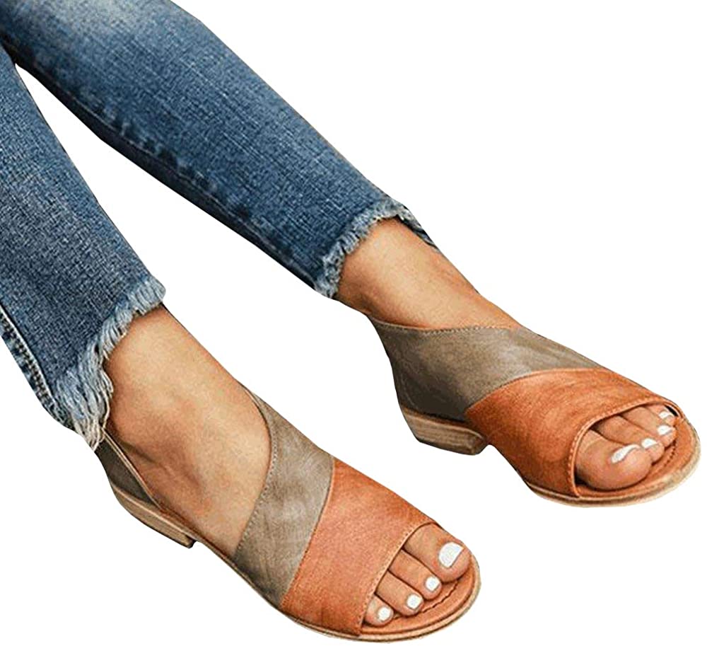 Price:$24.98    Huiyuzhi Womens Peep Toe Flat Sandals Side Laser Cut Out Faux Leather Summer Ankle Booties  Clothing