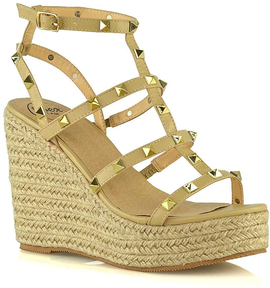 Price:$27.99   | ESSEX GLAM Womens Platform Wedge Heel Sandals Studded Straps Espadrilles Ankle Strap Shoes | Sandals