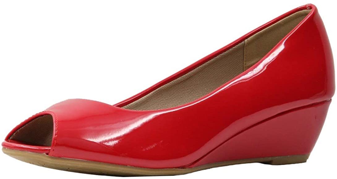 Price:$14.99   | Bella Hanna Stylish & Comfort Women's Fashion Patent Leather Peep Toe Low Heel Wedge Pumps Office Shoes | Pumps