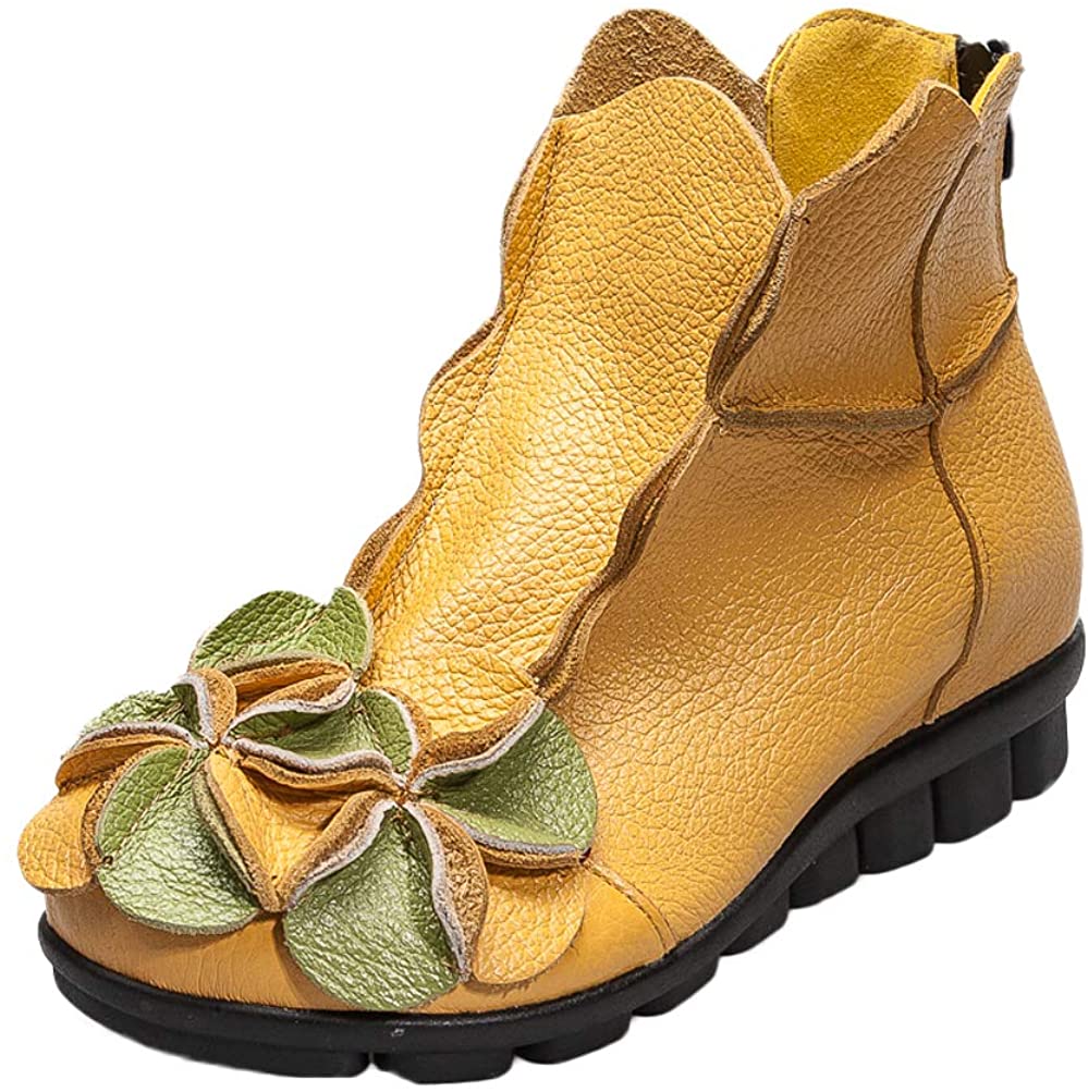 Price:$39.99   | Mordenmiss Women's Handmade Flower Shoes Retro Leather Ankle Booties with Back Zipper | Ankle & Bootie