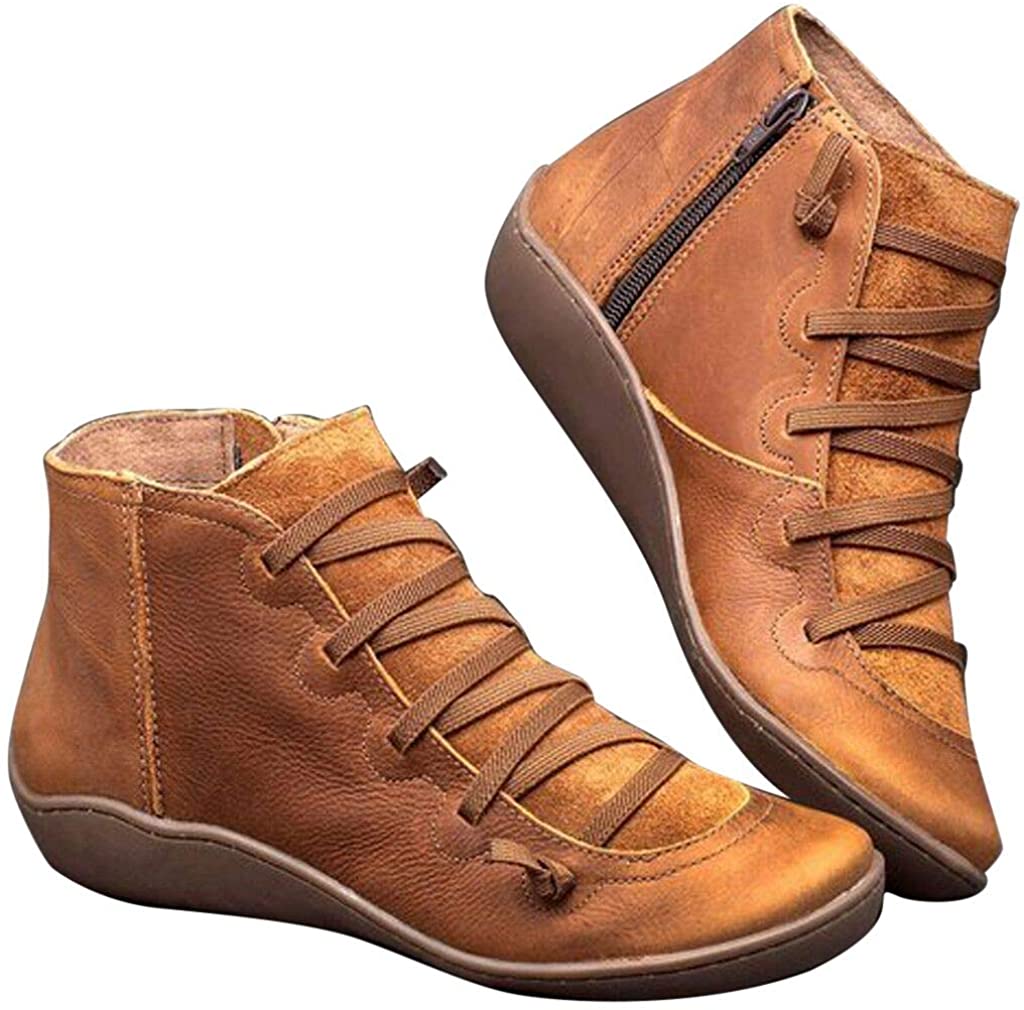 Price:$8.44    Miuye Yuren Women's Arch Support Boots Comfy Lace Up Waterproof Flat Heel Ankle Booties  Clothing