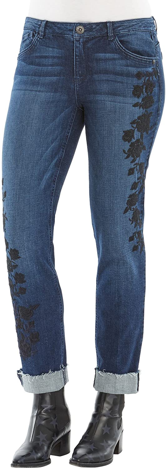 Price:$69.99 Democracy Womens Dark Wash Floral Embroidery Roll Cuff Jeans (2) at Amazon Women's Jeans store