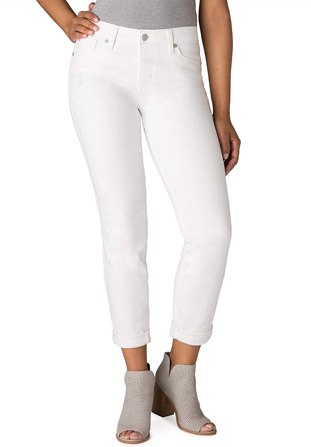 Price:$44.99 Signature by Levi Strauss & Co. Women's Premium Modern Slim Cuffed Distressed Jean (White Denim) (8 (W29 x L26)) at Amazon Women's Jeans store