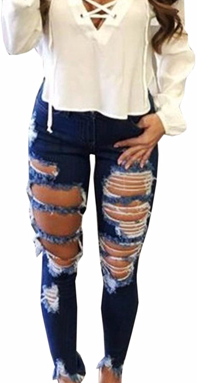 Price:$14.99 Sexyshine Women's High Waisted Skinny Destroyed Ripped Hole Denim Pants Long Stretch Pencil Jeans at Amazon Women's Jeans store