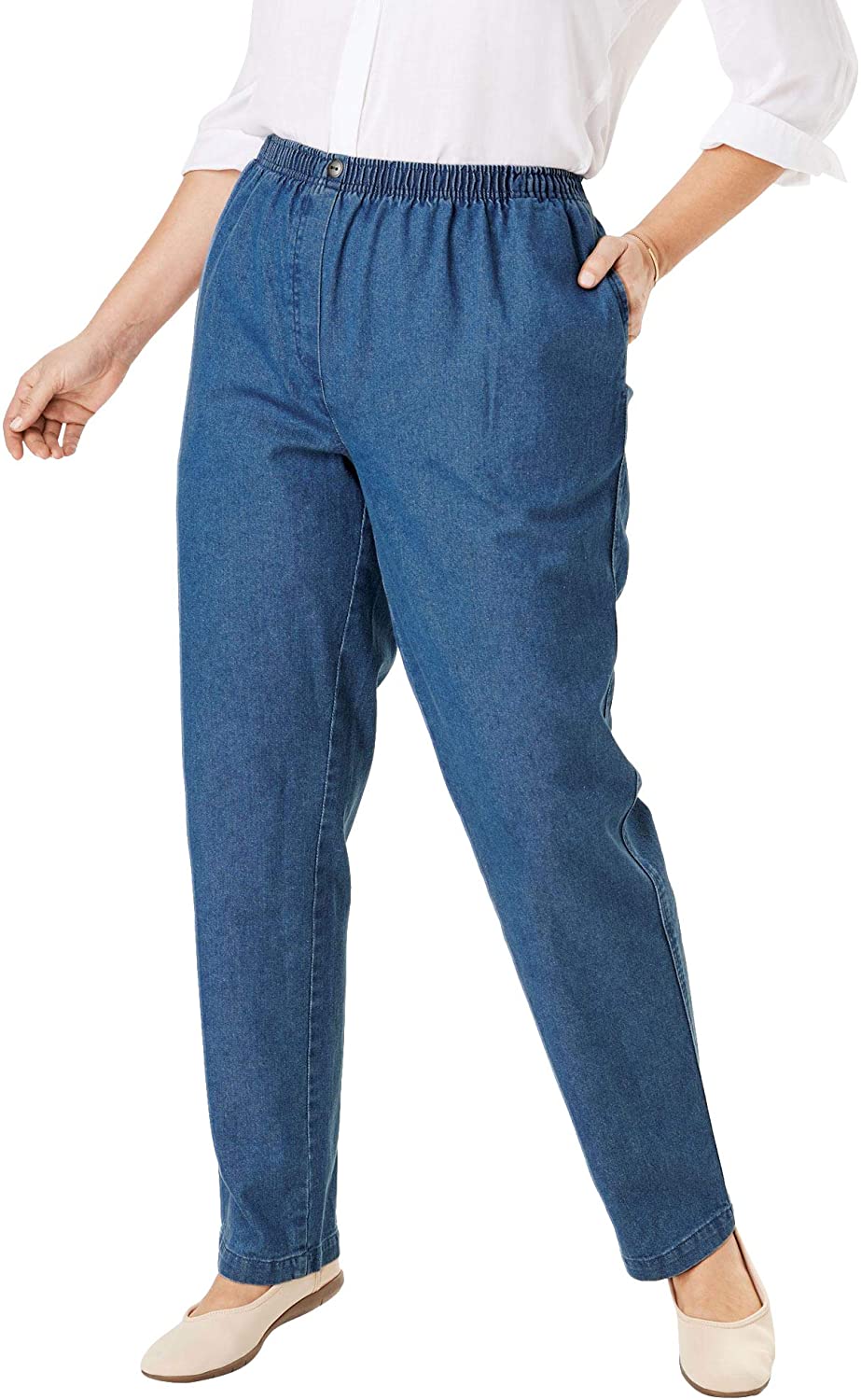 Price:$19.97 Woman Within Women's Plus Size Petite Elastic-Waist Cotton Straight Leg Pant at Amazon Women’s Clothing store