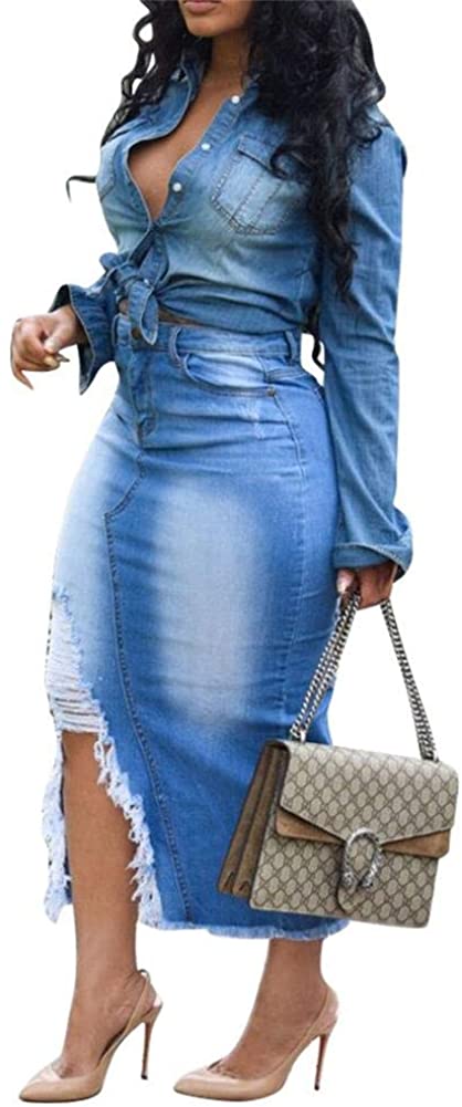 Price:$15.99 LKOUS Womens Casual Distressed Ripped Denim Jean Midi High Waisted Pencil Skirt Plus Size at Amazon Women’s Clothing store