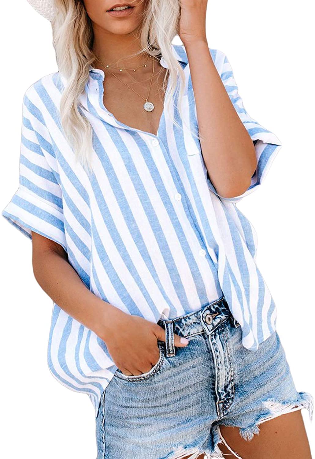 Price:$3.89 Astylish Women Casual Cuffed 3 4 Sleeve Button up V Neck Tunic Shirts Tops at Amazon Women’s Clothing store