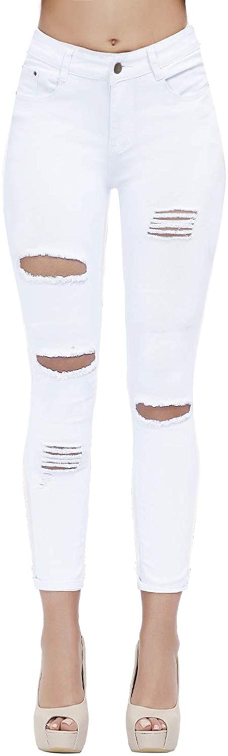 Price:$28.99 Women's High Waisted Butt Lift Stretch Ripped Skinny Jeans Distressed Denim Pants US 10 White 15 at Amazon Women's Jeans store