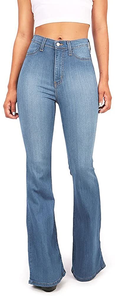 Price:$39.95 Vibrant Women's Juniors Bell Bottom High Waist Fitted Denim Jeans, Denim, 1 at Amazon Women's Jeans store