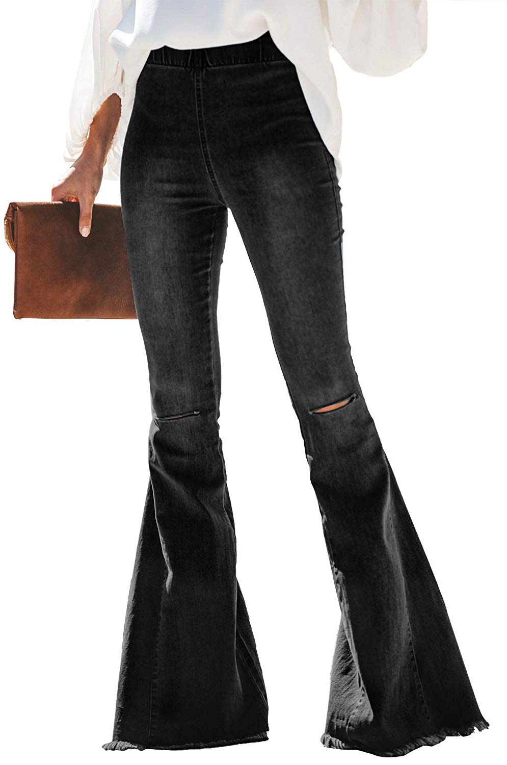 Price:$36.99 Sidefeel Women Destoryed Flare Jeans Elastic Waist Bell Bottom Tassel Denim Pants Small Black at Amazon Women's Jeans store