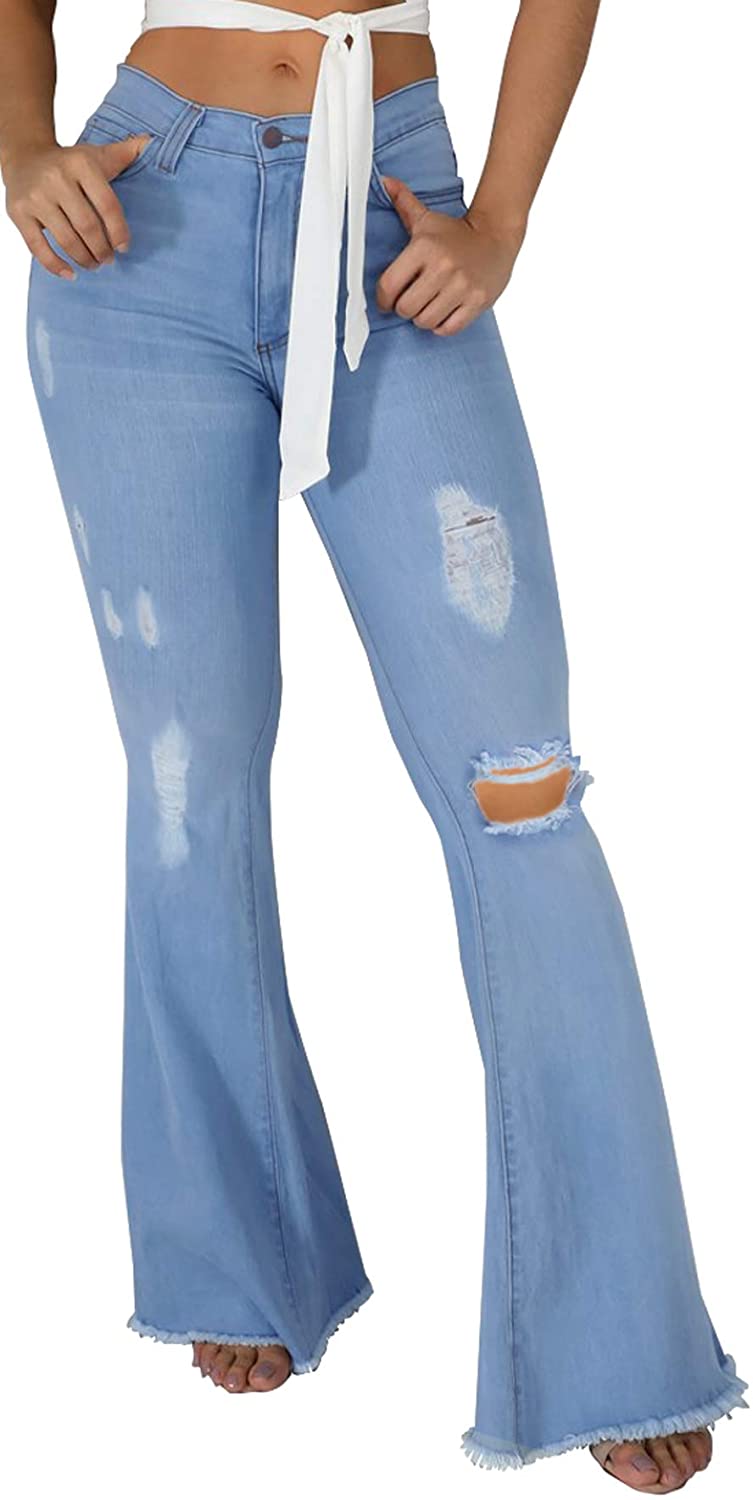 Price:$29.99 Bell Bottom Jeans for Women Elastic Ripped Hole Classic Denim at Amazon Women's Jeans store