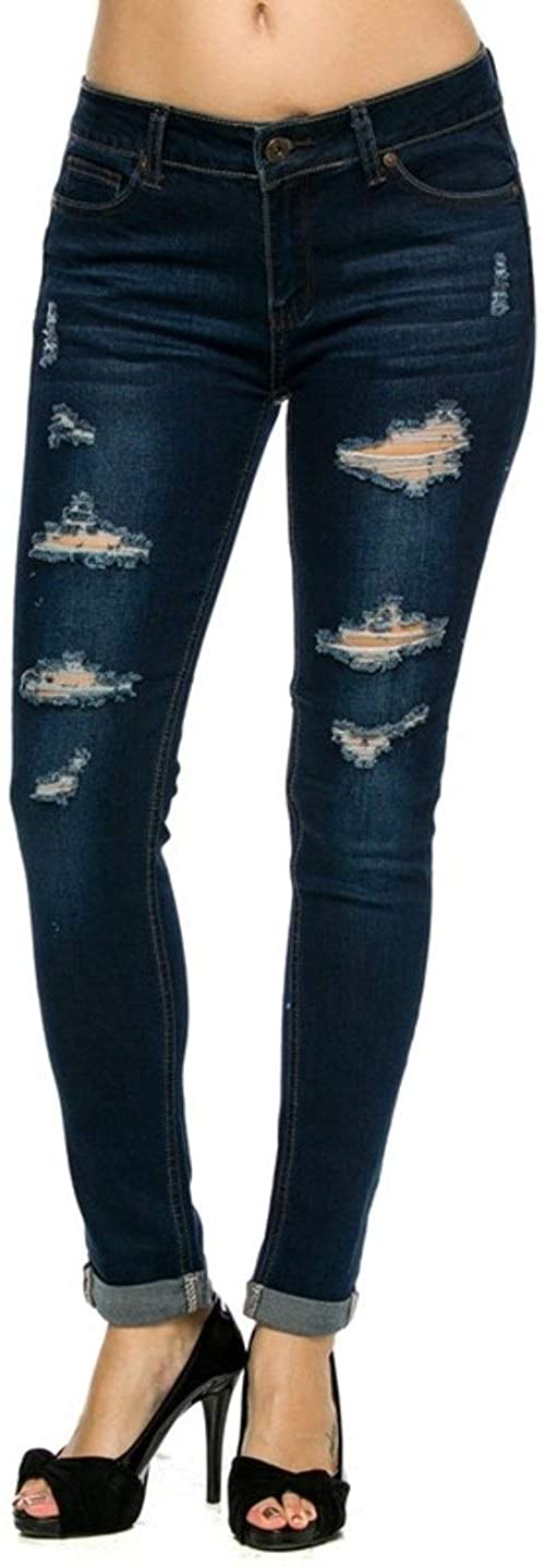 Price:$22.30 Wax Women's Juniors Distressed Slim Fit Stretchy Skinny Jeans (0, Dark Denim) at Amazon Women's Jeans store