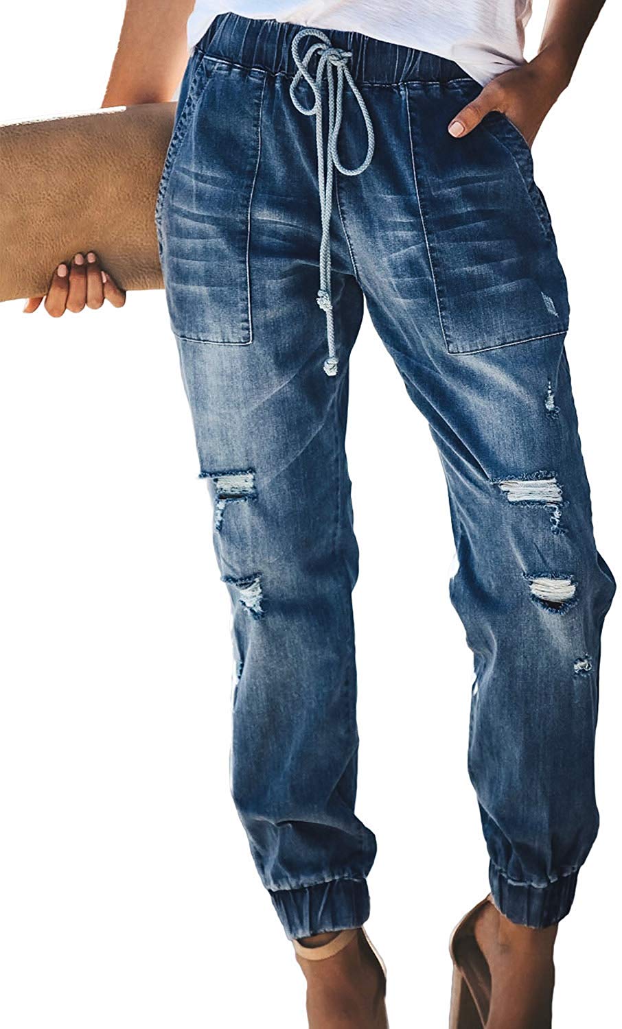 Price:$36.99 Sidefeel Women Distressed Denim Joggers Elastic Drawstring Waist Jeans Pants Small Blue at Amazon Women's Jeans store