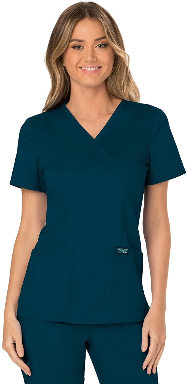 Price:$19.98    CHEROKEE Workwear Revolution WW610 Women's Mock Wrap Top, Caribbean Blue, 2X-Small  Clothing