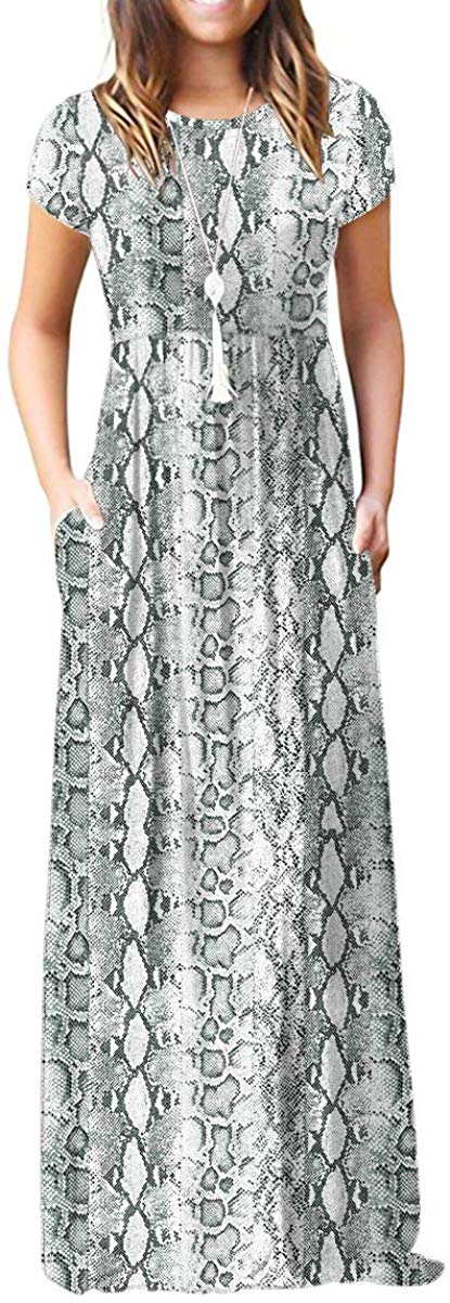 Price:$23.99 VIISHOW Women's Short Sleeve Animal Printed Dress Loose Plain Maxi Dresses Casual Long Dresses with Pockets(Snake Print White XS) at Amazon Women’s Clothing store