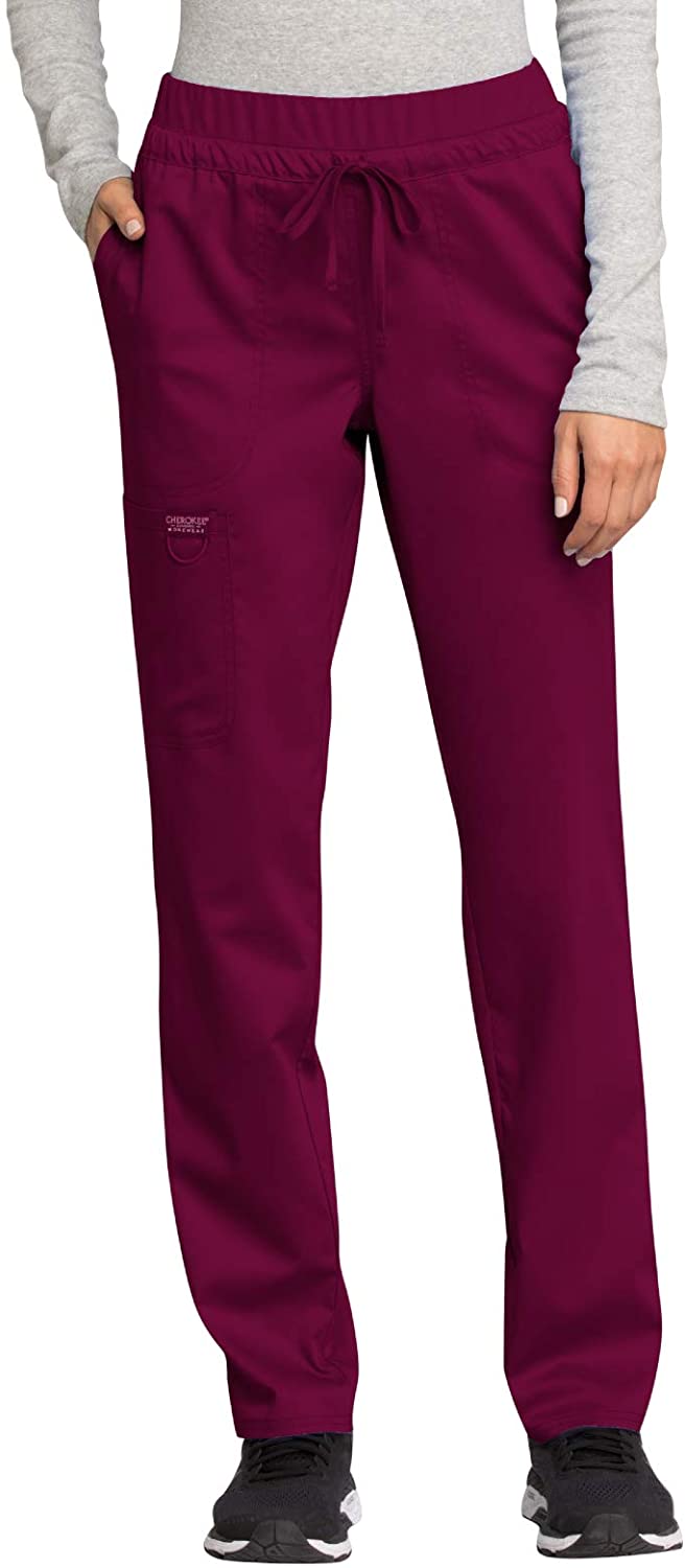 Price:$21.98    CHEROKEE Workwear Revolution WW105 Women's Mid Rise, Tapered Leg Drawstring Pant, Wine, XS Petite  Clothing