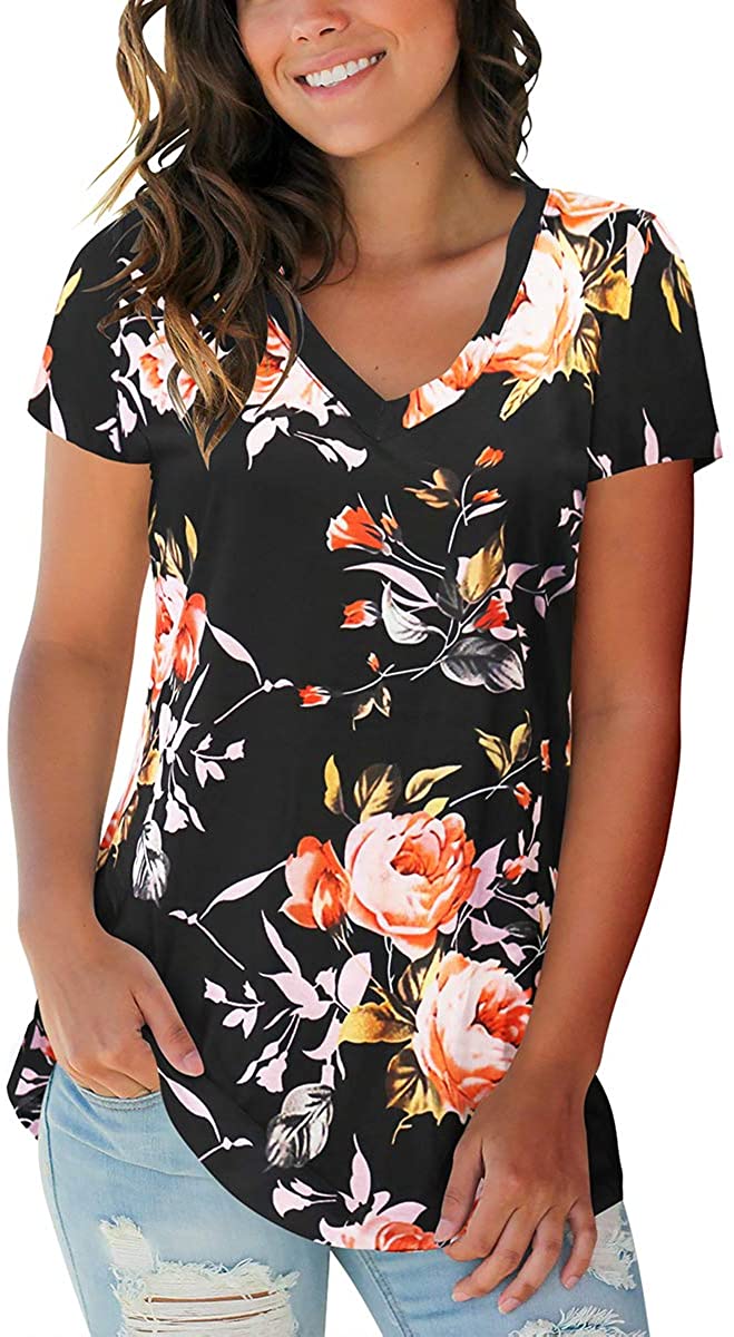 Price:$17.99 Ladies Tops Plain Short Sleeve V Neck Summer Shirts Tunics Floral Rose Black S at Amazon Women’s Clothing store