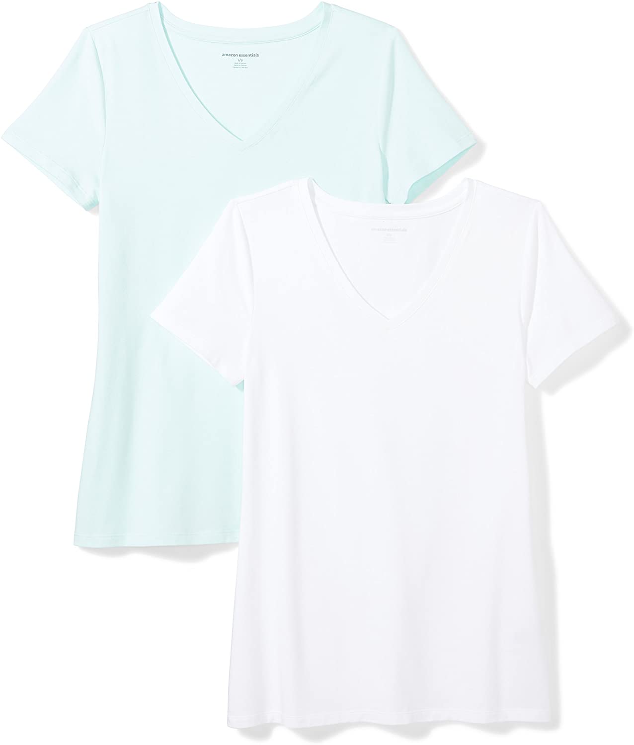 Price:$16.00    Amazon Essentials Women's 2-Pack Classic-Fit Short-Sleeve V-Neck T-Shirt, Aqua/White, X-Small  Clothing