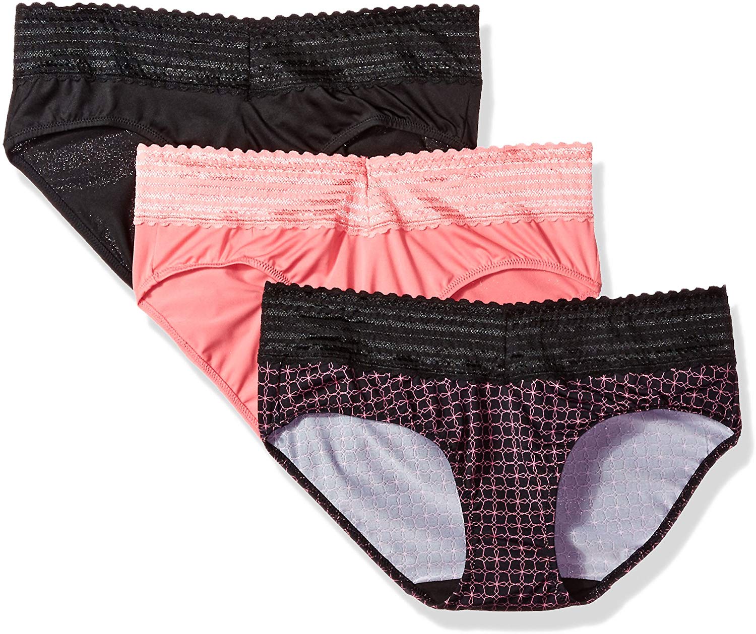 Price:$10.99 Warner's Women's Blissful Benefits No Muffin Top 3 Pack Hipster Panties, Black/Flamingo Pink/Miami Pink Octagon, S at Amazon Women’s Clothing store