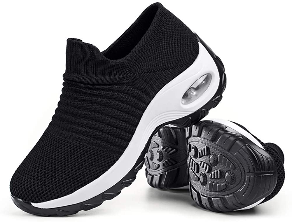 Price:$29.99   | Women's Walking Shoes Sock Sneakers - Mesh Slip On Air Cushion Lady Girls Modern Jazz Dance Easy Shoes Platform Loafers Black&White, 5.5 | Walking