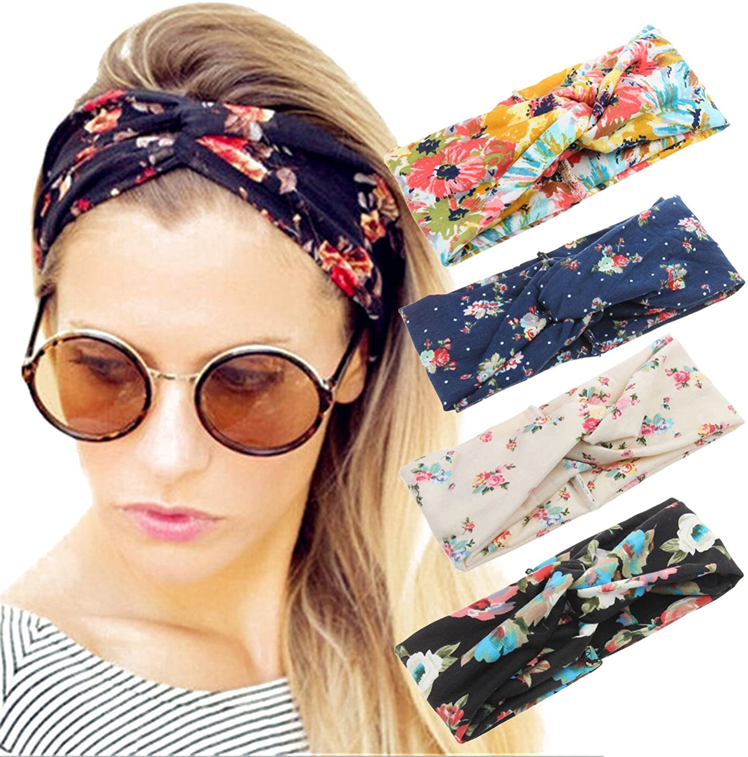 Price:$9.89 4 Pack Women Headband Boho Floal Style Criss Cross Head Wrap Hair Band Set1 at Amazon Women’s Clothing store