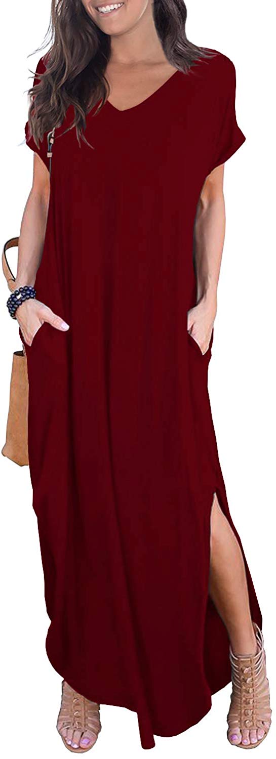 Price:$23.99 GRECERELLE Womens Casual V Neck Side Split Beach Long Maxi Dress Wine Red XS at Amazon Women’s Clothing store