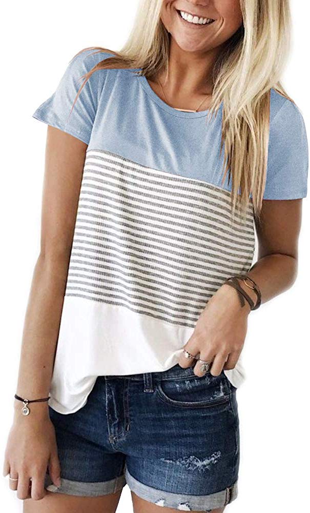 Price:$15.99 YunJey Short Sleeve Round Neck Triple Color Block Stripe T-Shirt Casual Blouse at Amazon Women’s Clothing store