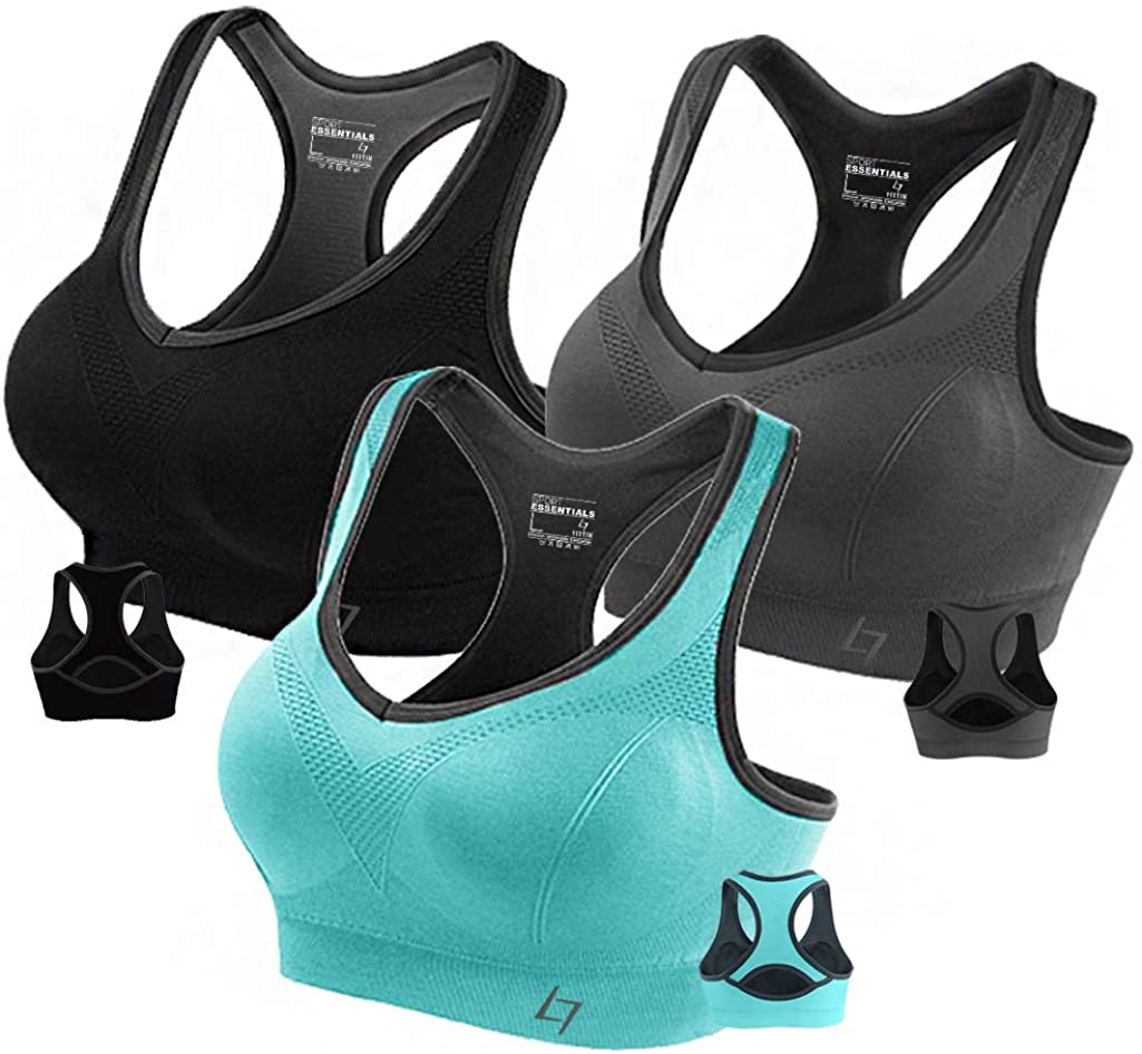 Price:$23.99 Fittin Womens Padded Sports Bras Wire Free with Removable Pads Pack of 3 Grey/Black/Aqua, S at Amazon Women’s Clothing store
