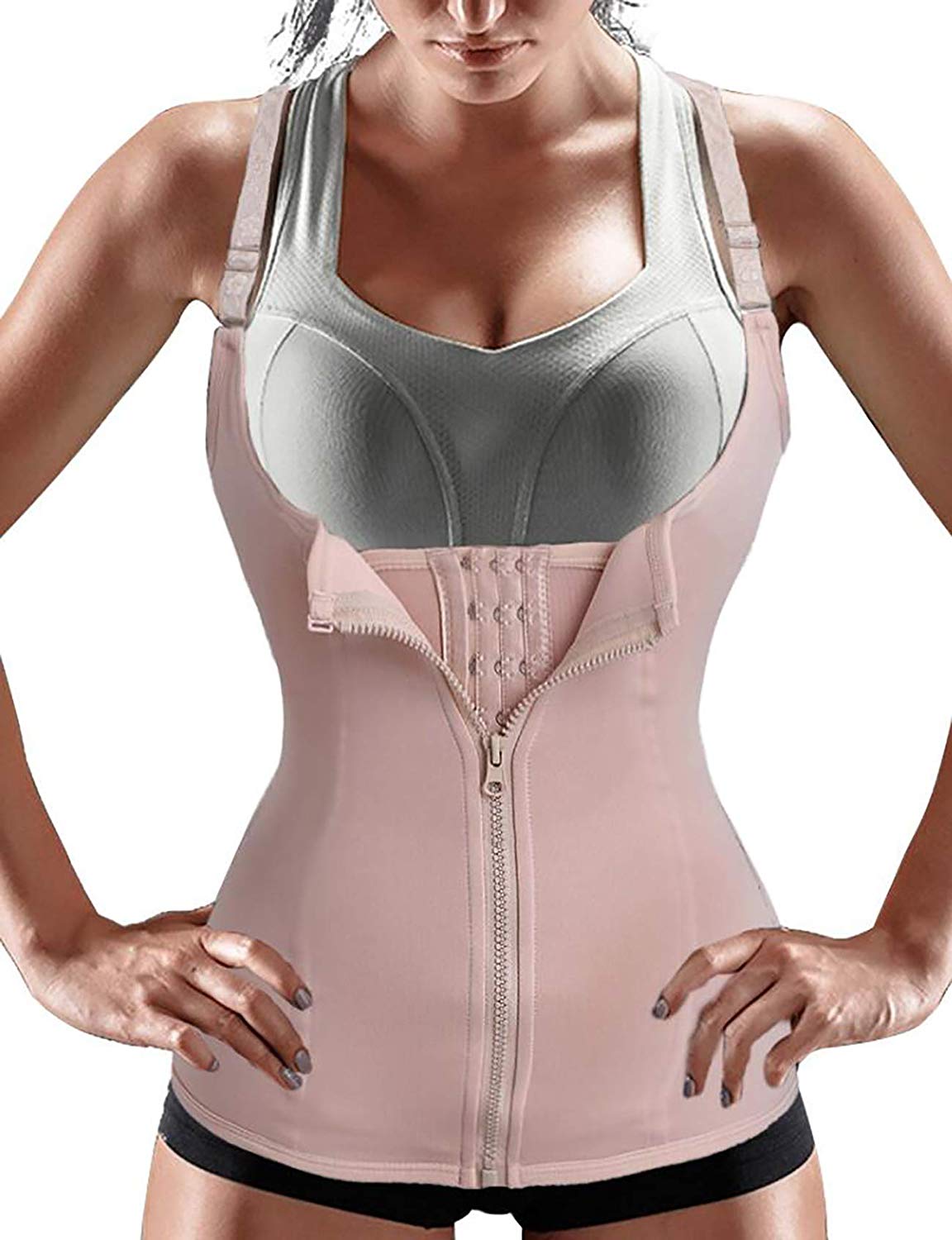 Price:$19.99 Nebility Women Waist Trainer Corset Zipper Vest Body Shaper Cincher Tank Top with Adjustable Straps (S, Beige) at Amazon Women’s Clothing store
