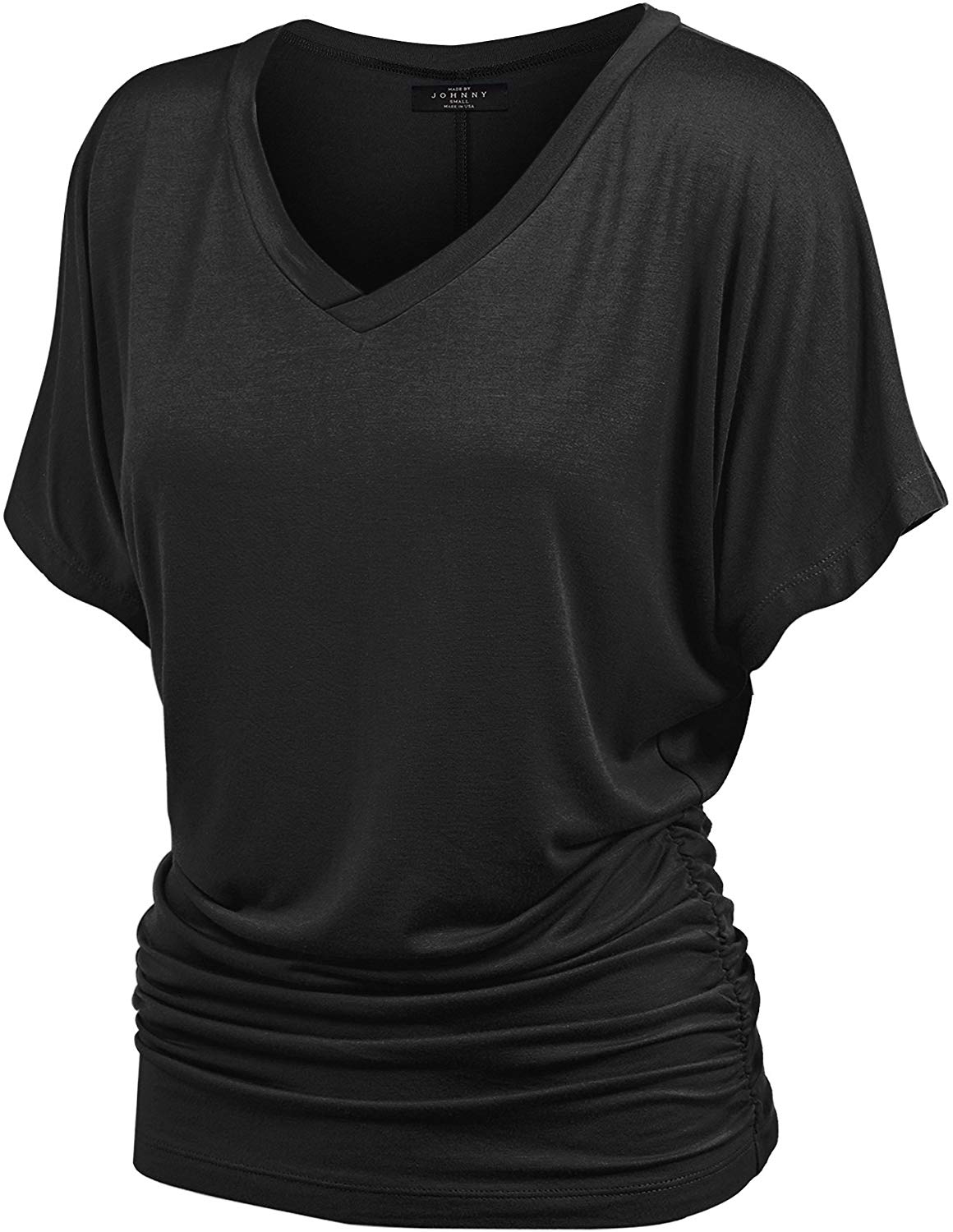 Price:$16.75 Made By Johnny WT1037 V Neck Short Sleeve Dolman Top with Side Shirring XS Black at Amazon Women’s Clothing store