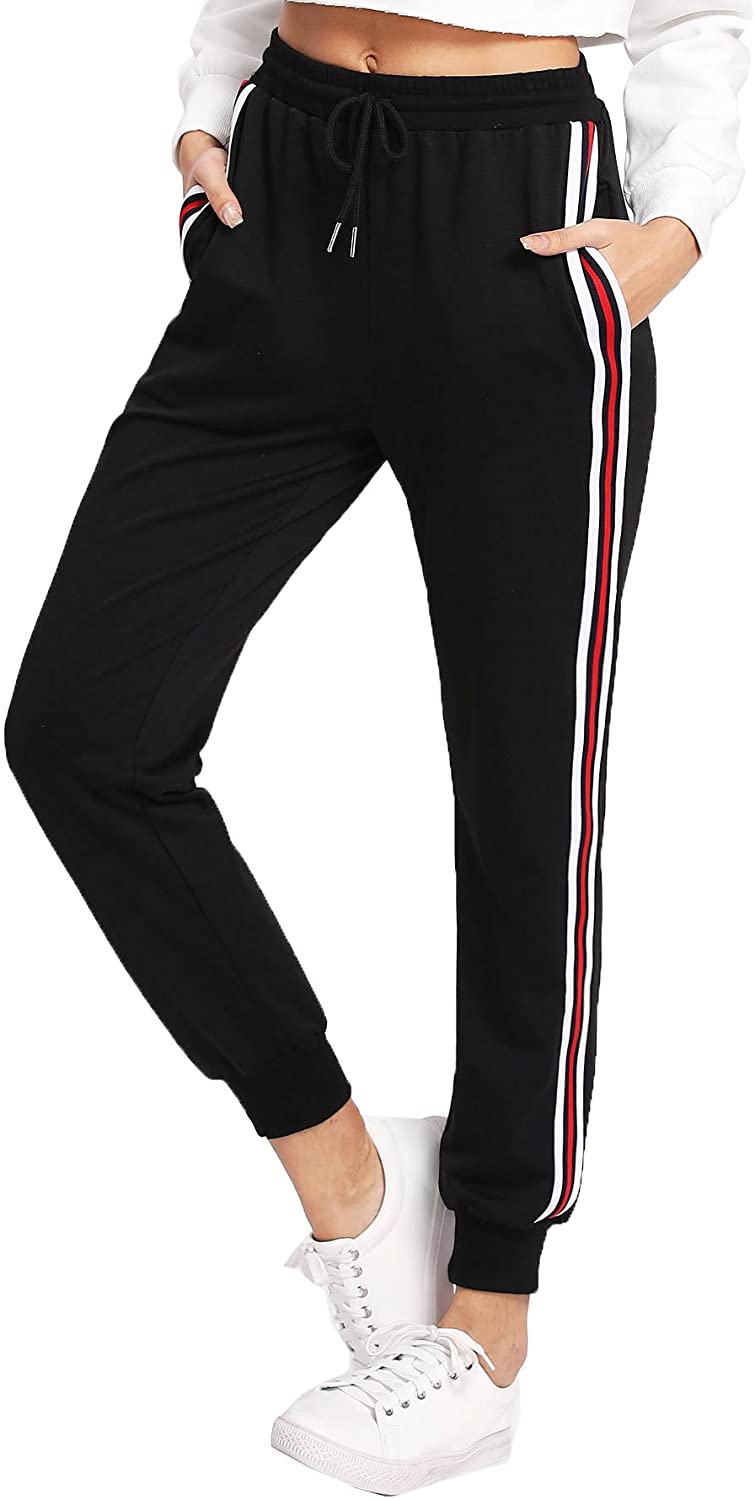 Price:$19.99 SweatyRocks Women's Drawstring Waist Striped Side Jogger Sweatpants with Pockets, Black, X-Small at Amazon Women’s Clothing store