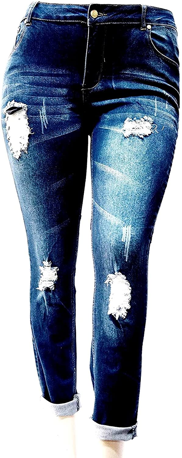 Price:$14.99 Jack David/Wax Womens Plus Size Ripped Destroy Blue Denim Roll up Distressed Jeans Pants at Amazon Women's Jeans store