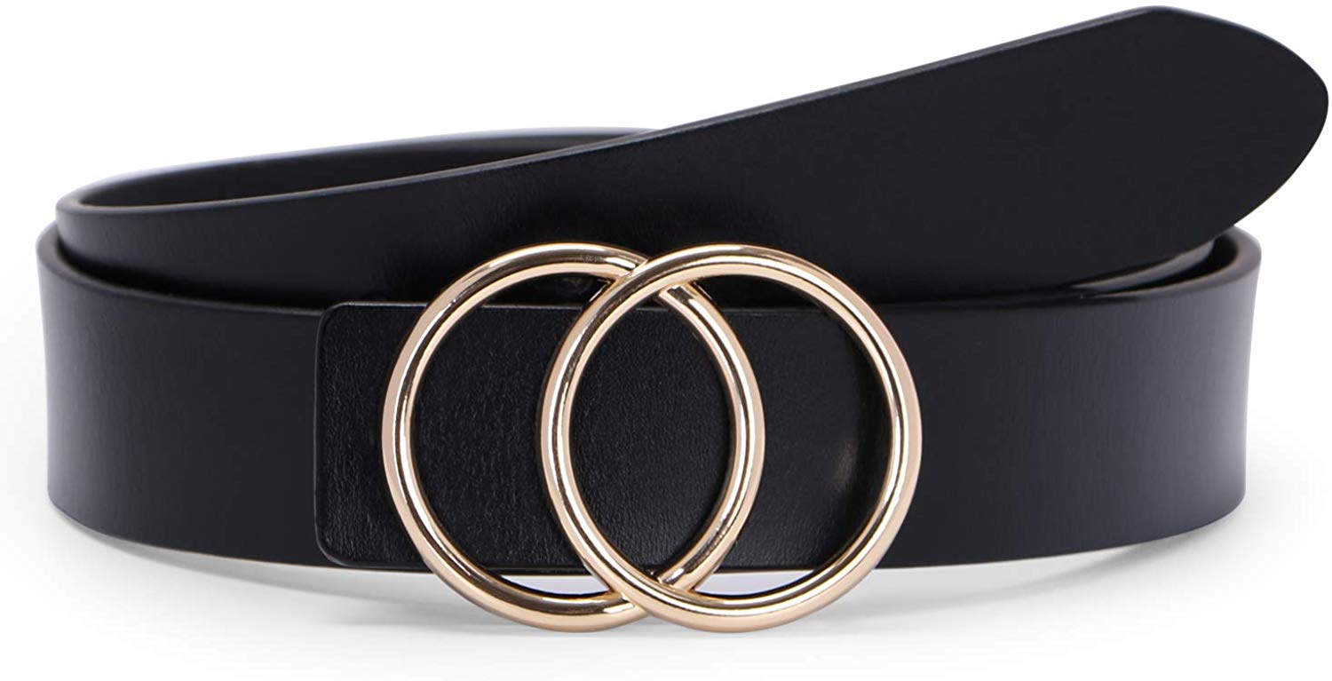 Price:$13.98 Fashion Designer Belts for Women Leather Belts for Jeans Dress Pants with Gold Double O-Ring Buckle at Amazon Women’s Clothing store