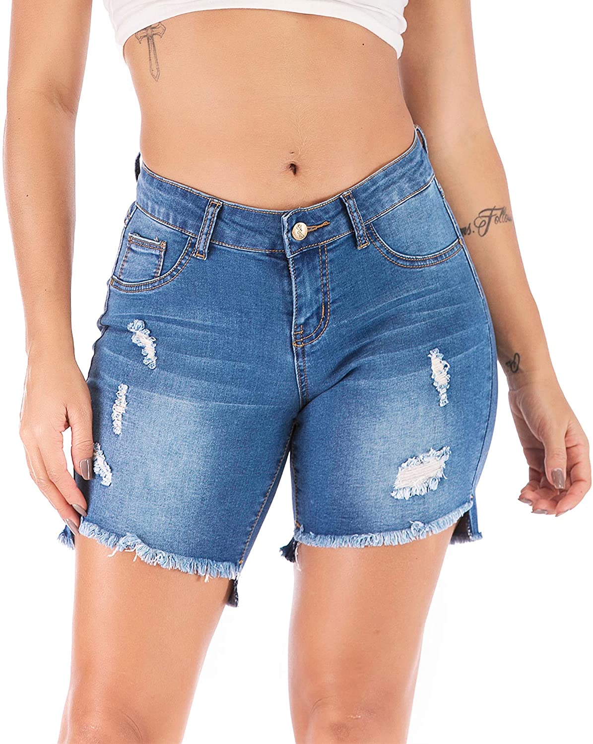 Price:$19.99 MEISITE Womens Juniors Denim Shorts High Waist Ripped Hole Washed Distressed Short Jeans at Amazon Women’s Clothing store
