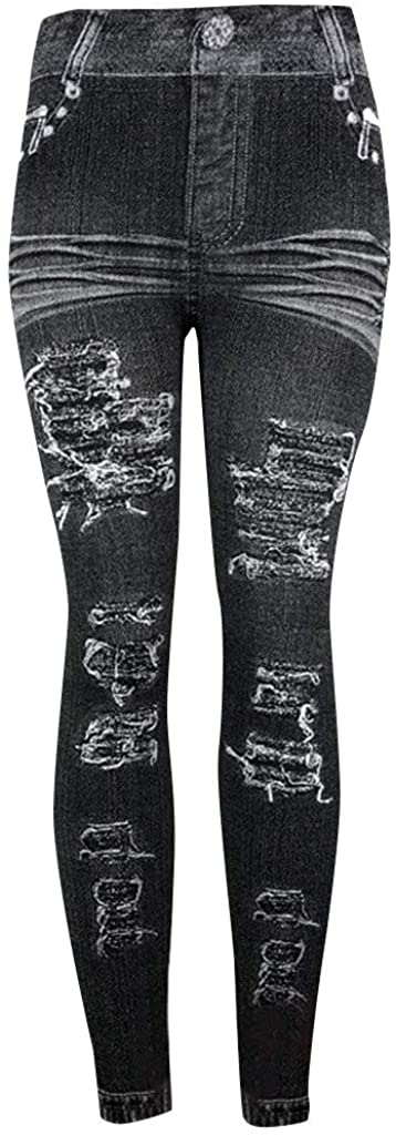 Price:$4.99 iCJJL Women's High Waist Tummy Control Fake Ripped Jean Leggings Seamless Stretchy Workout Fitness Running Yoga Pants at Amazon Women’s Clothing store
