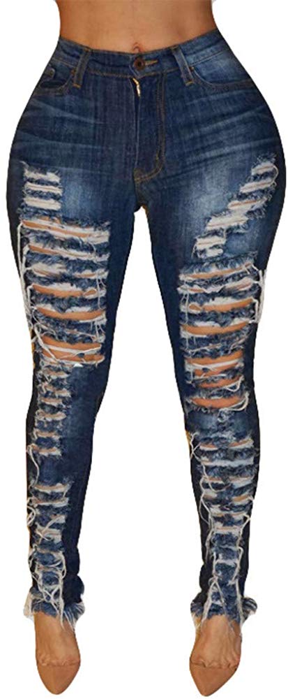 Price:$8.99 Rambling New Women's High Waisted Skinny Destroyed Ripped Hole Denim Pants Long Stretch Pencil Jeans at Amazon Women's Jeans store