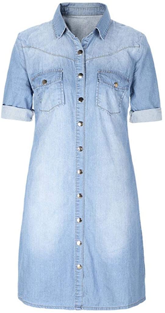 Price:$5.89 DEATU Women Mini Dress, Women's Denim Buttons Loose Casual 3/4 Sleeve Dress at Amazon Women’s Clothing store