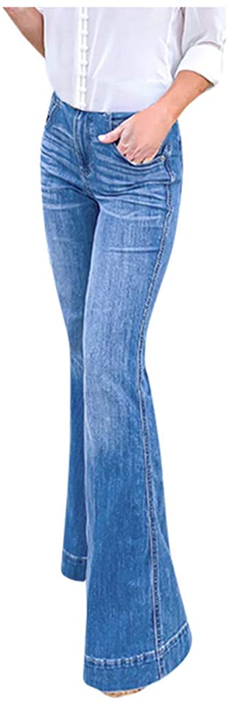 Price:$3.99    Womens High Rise Wide Leg Jeans, Vintage Flare Bell Bottom Raw Hem Denim Pants Morecome  Clothing