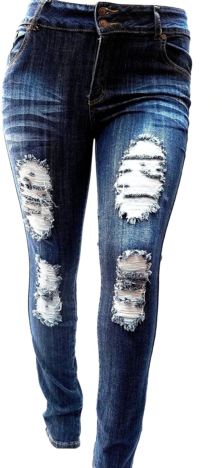 Price:$12.99 SLS Women's Plus Size Stretch Distressed Ripped Blue Skinny Denim Jeans Pants at Amazon Women's Jeans store