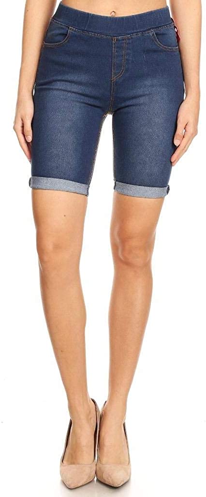 Price:$9.97 Jvini Women's Pull-On Stretchy Cuff Denim Bermuda Shorts with Pockets at Amazon Women’s Clothing store