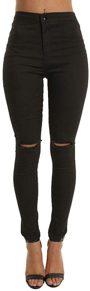 Price:$2.11 hositor High Waisted Jeans, Ladies Casual Slim Solid Hole Long Jeans Zippers Sexy Skinny Pants Daily Trousers Black at Amazon Women's Jeans store