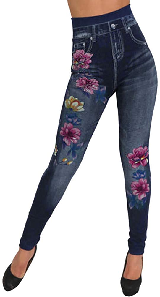 Price:$6.05    JOFOW Womens Straight Leg Jeans Flowers Floral Print High Waist Faded Skinny Casual Slim Pencil Pants  Clothing