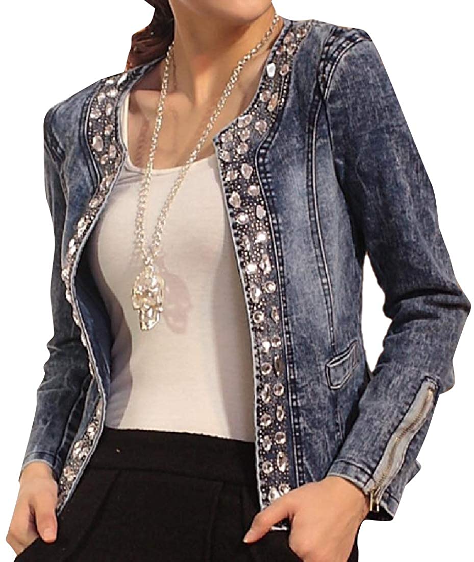 Price:$18.14 Winwinus Women's Slim Casual Embellished Stretchy Vintage Jean Coat at Amazon Women's Coats Shop